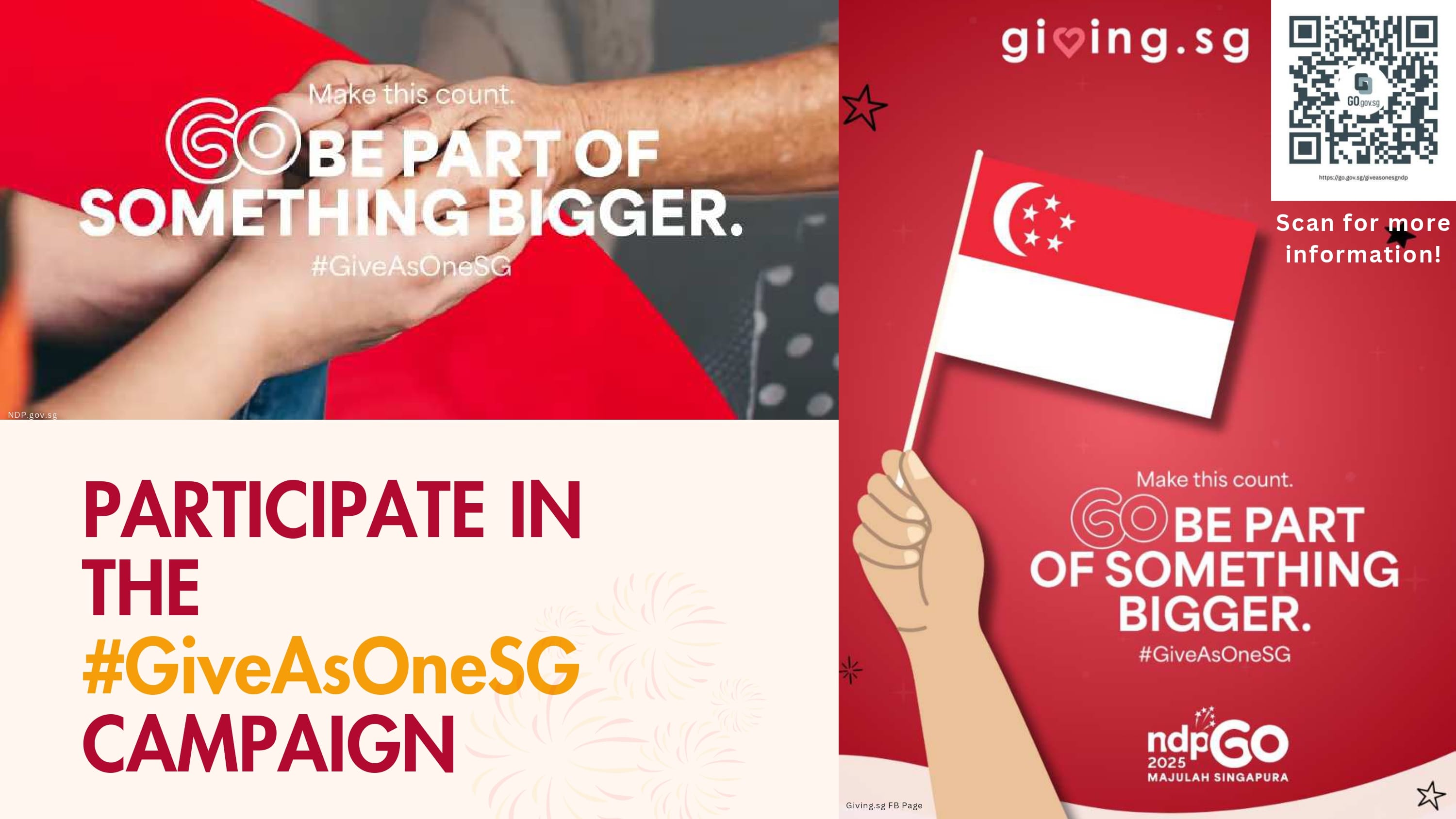 The #GiveAsOneSG campaign to "Be Part of Something Bigger" with a flag.