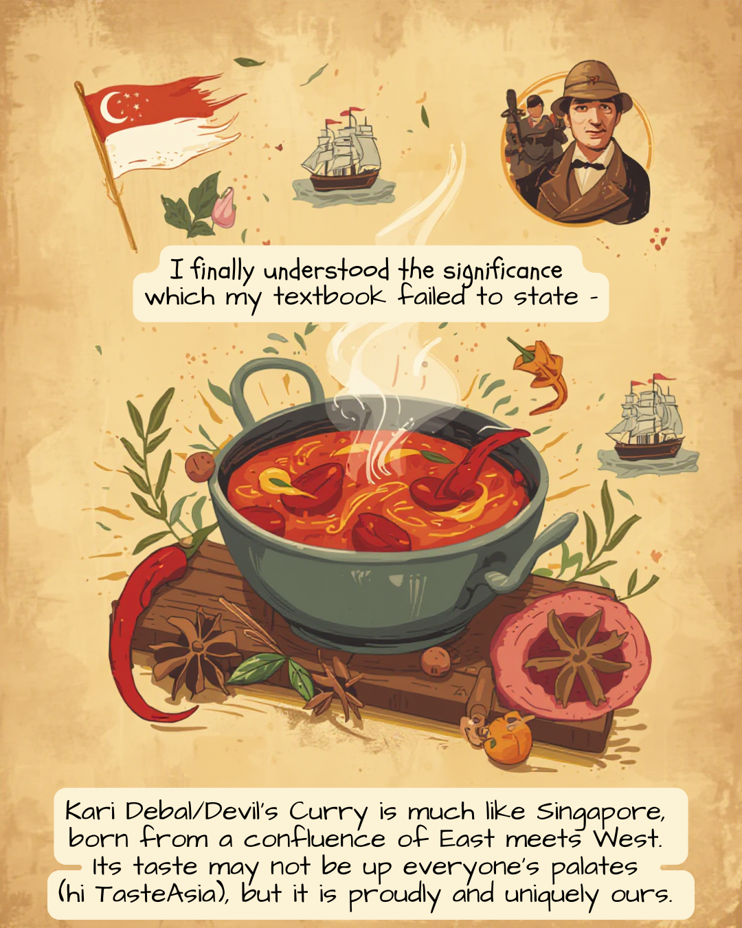 Author's thoughts on how Kari Debal, like Singapore, is a confluence of East and West