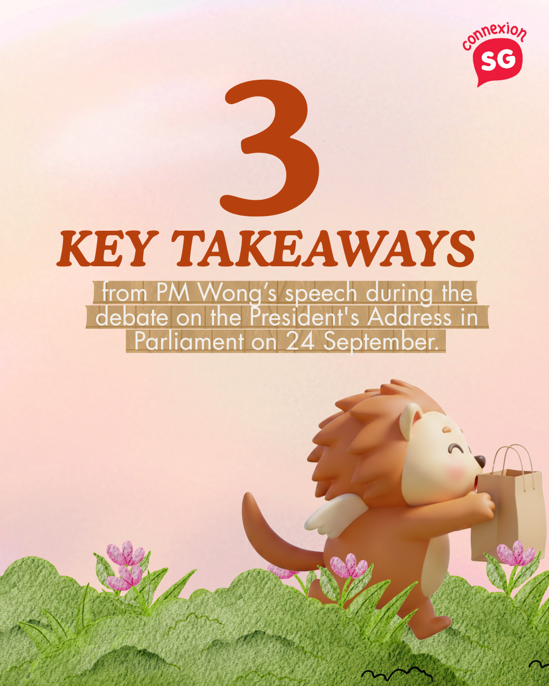 Parley with a shopping bag in a field. Text: "3 KEY TAKEAWAYS from PM Wong’s speech..."