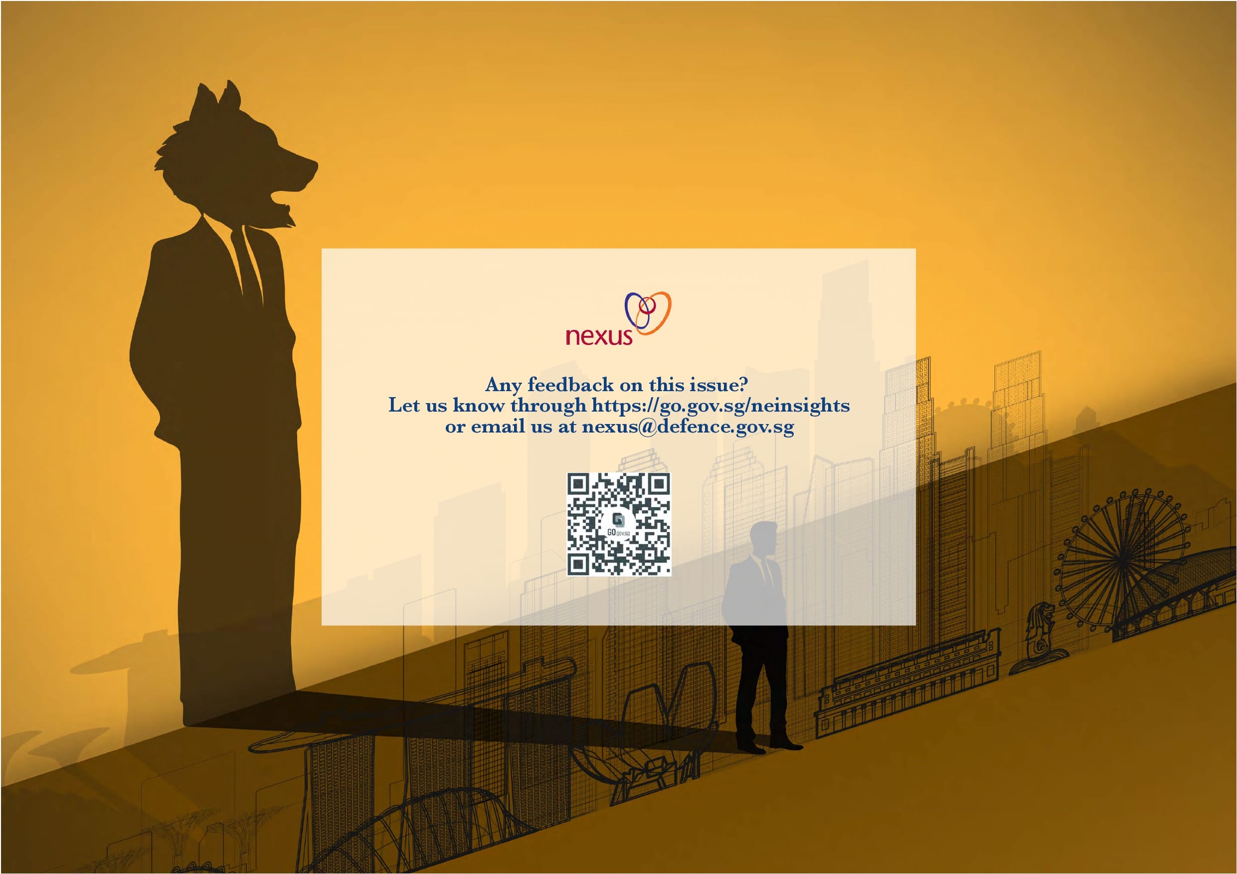 Back cover with a large wolf silhouette, cityscape, and a feedback box with a QR code.