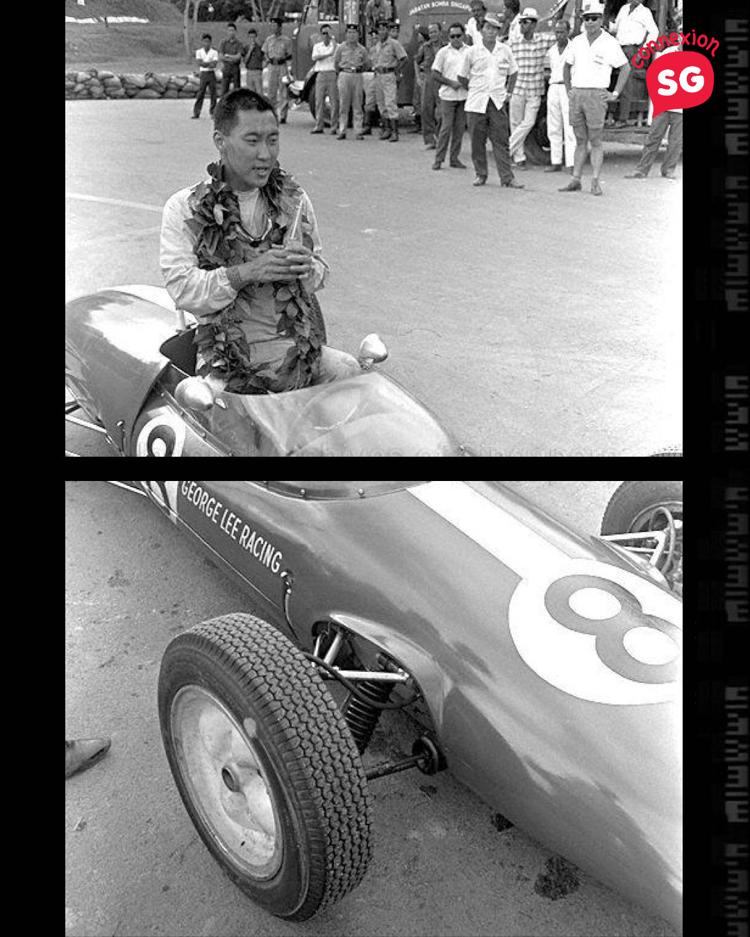Black and white image of Singaporean race driver Lee Han Seng in his race car after winning