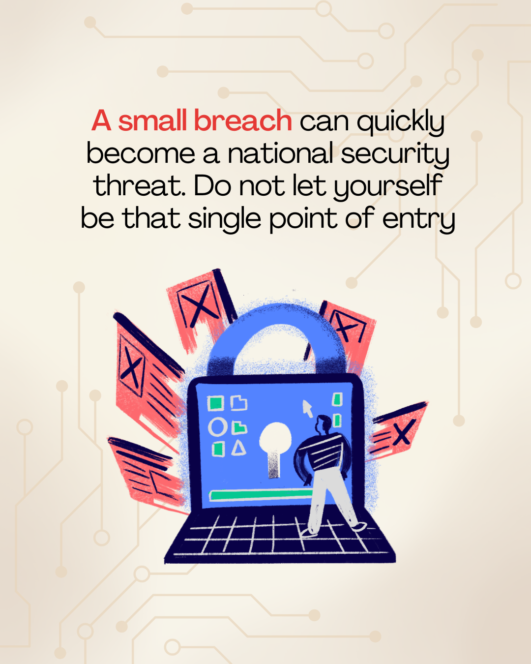 A man walking towards a keyhole on a locked laptop screen. 