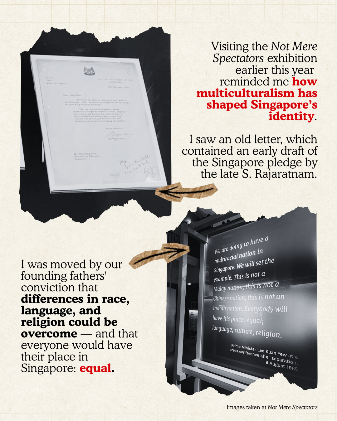 Images of the early draft of the Singaporean pledge and a quote from Lee Kuan Yew.