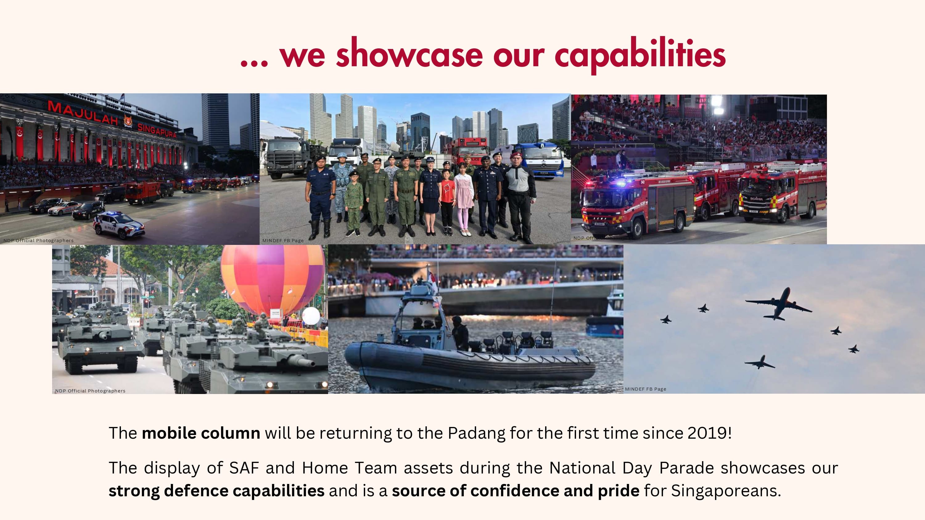 Montage of SAF and Home Team assets (vehicles, personnel) on display.