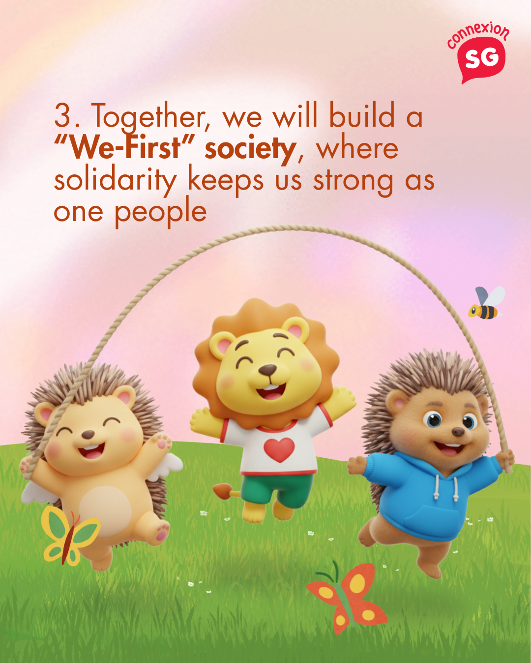 Singaporean mascots Parley, Jaga and Singa jumping rope.