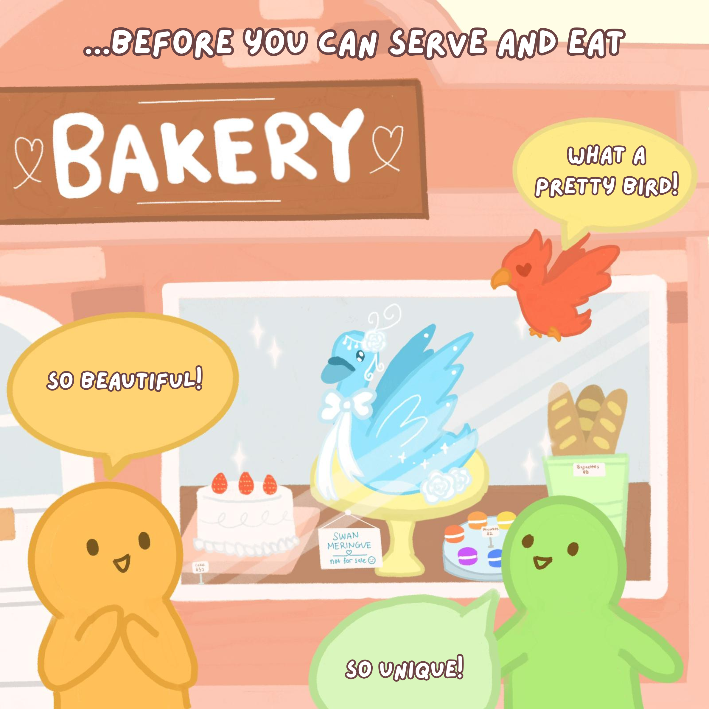 Text: before you can serve and eat. A beautiful swan meringue stands in teh bakery window. People praise it for being beautiful, unique, even the flying birds.