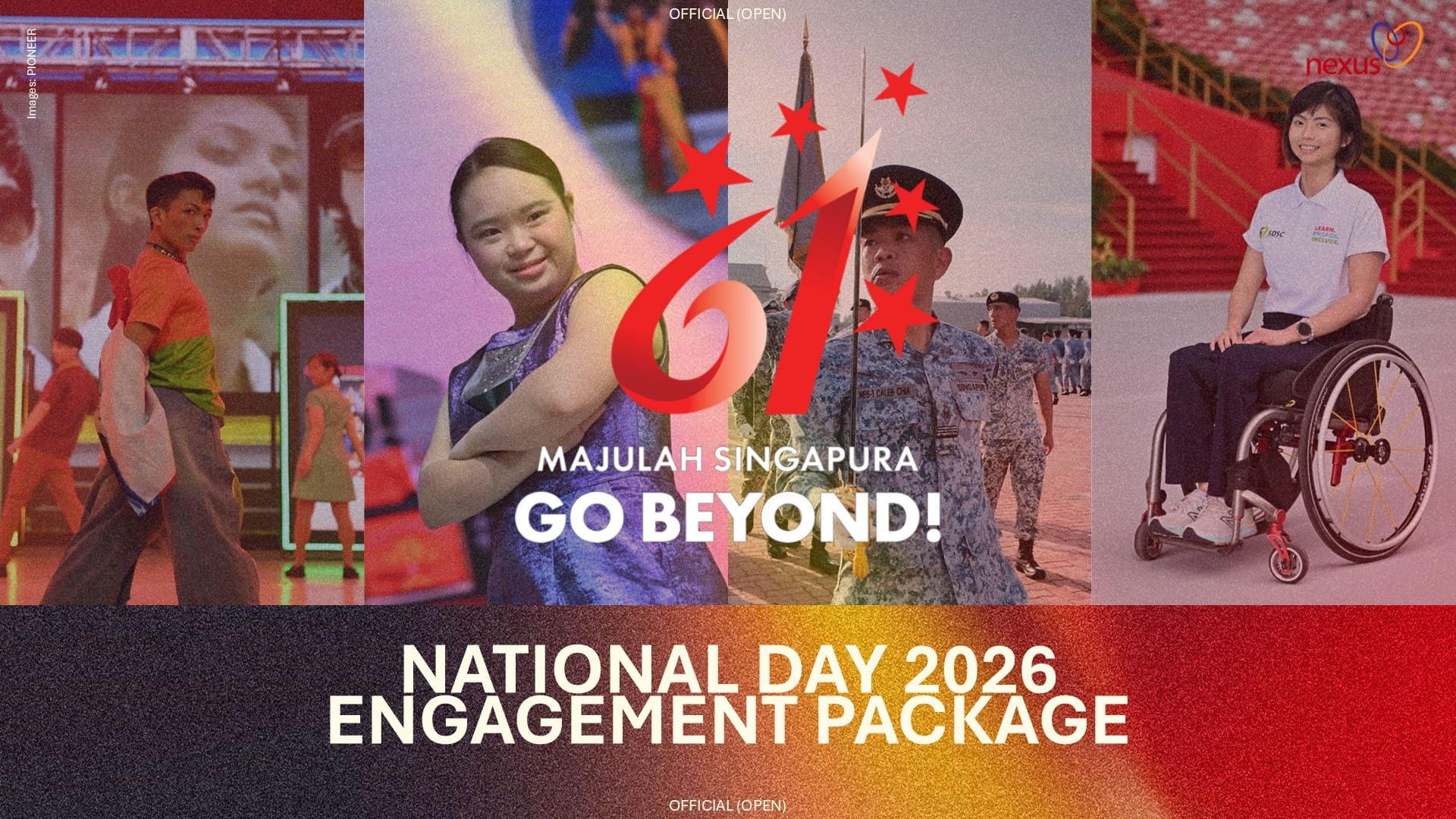 Cover slide for the National Day 2026 Engagement Package. Features Singaporeans from diverse backgrounds, including performers, a serviceman, and a wheelchair user, surrounding the "Majulah Singapura, Go Beyond!" logo.