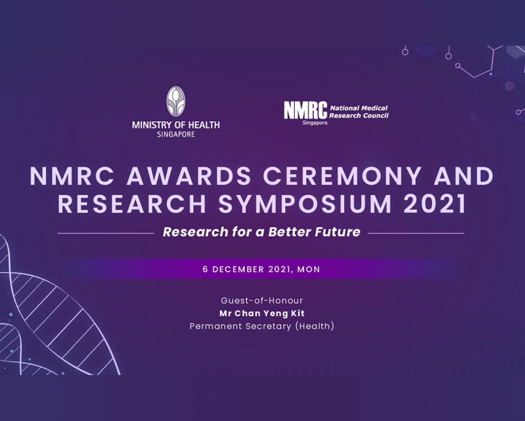 Purple banner for NMRC Awards Ceremony 2021, featuring DNA strand and Ministry of Health logo.