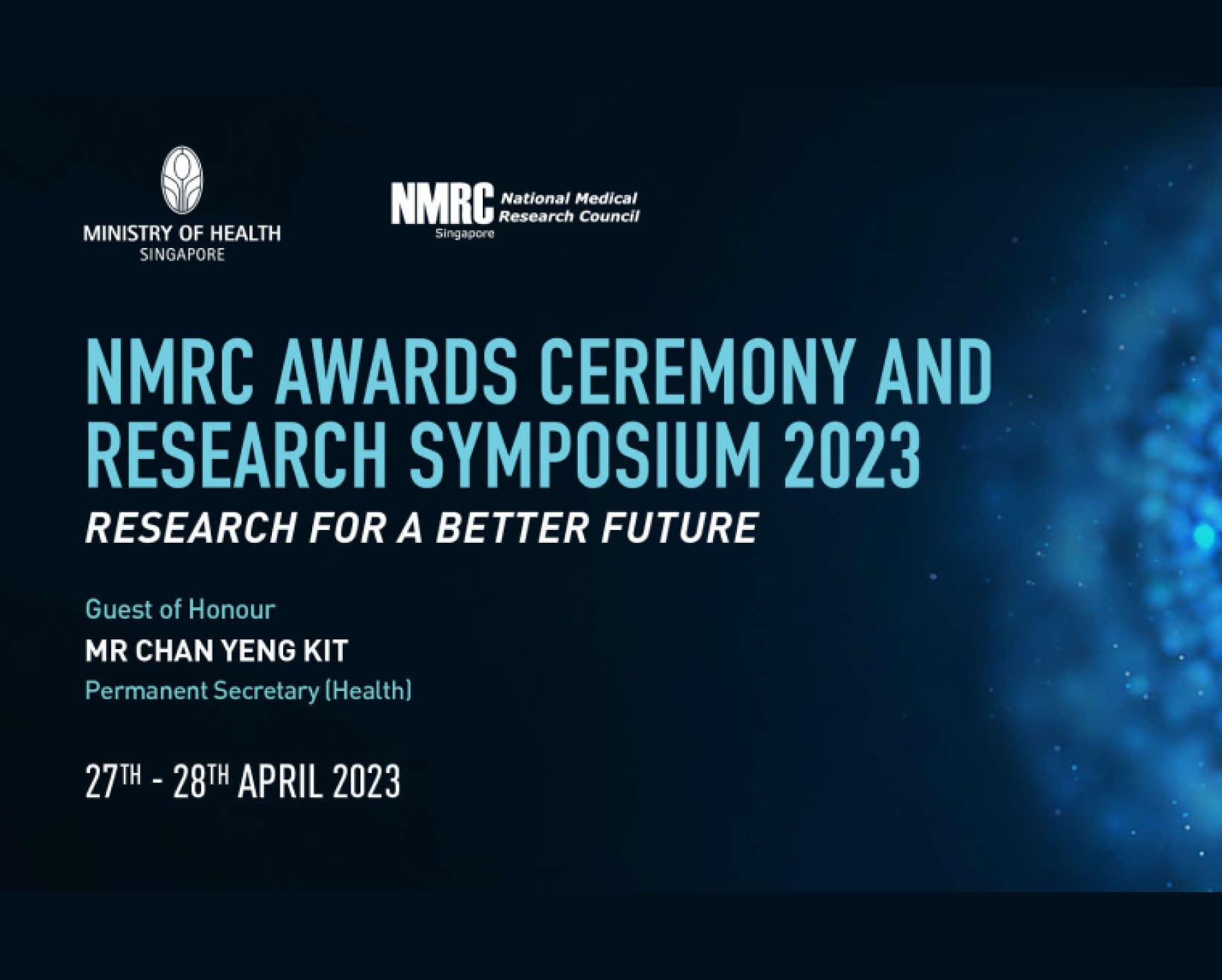 NMRC Awards Ceremony and Research Symposium 2023 banner poster with event details like dates and guest of honour