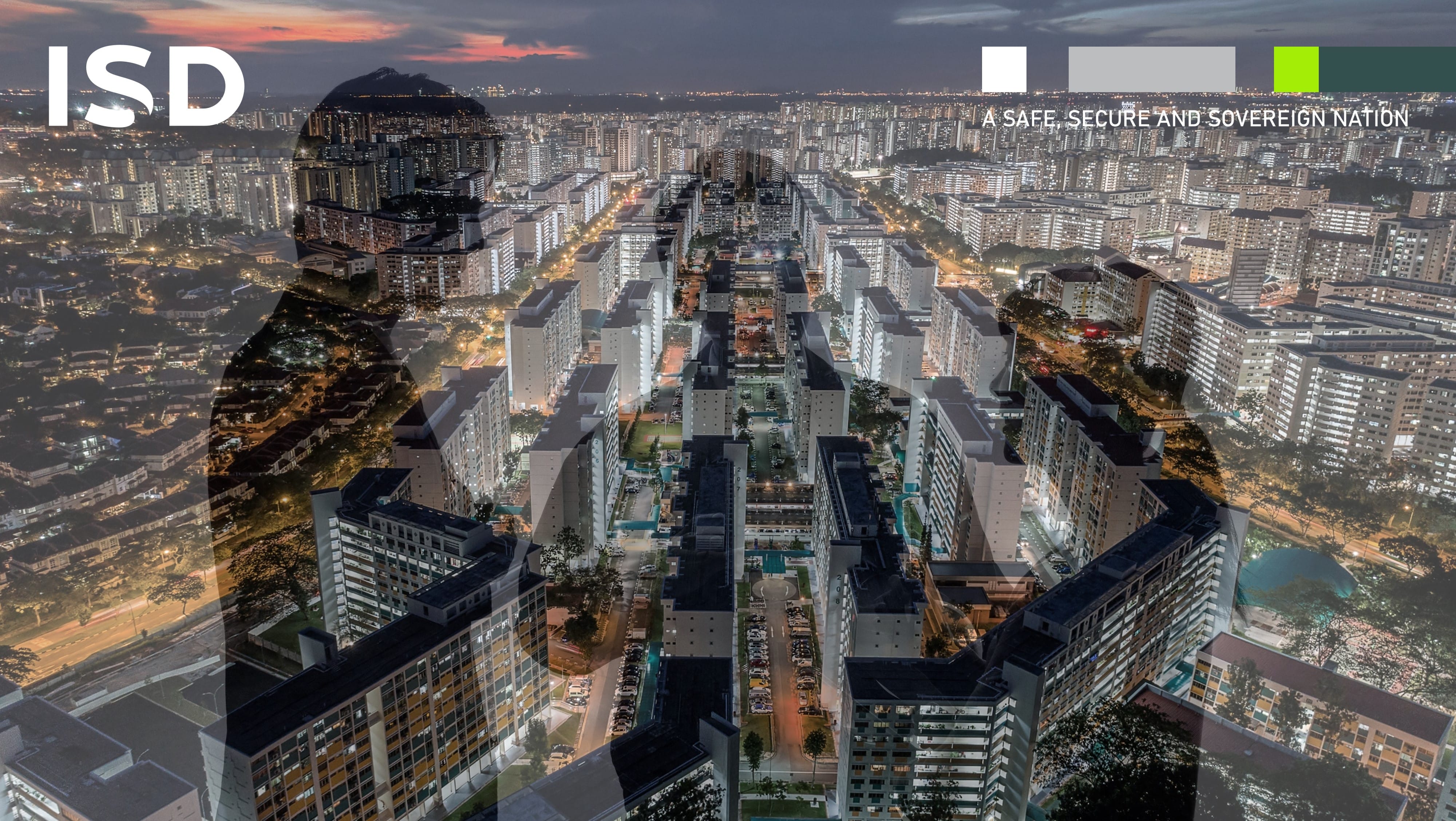 Aerial view of Singapore’s cityscape at night with an overlay of a figure and 'ISD' logo.