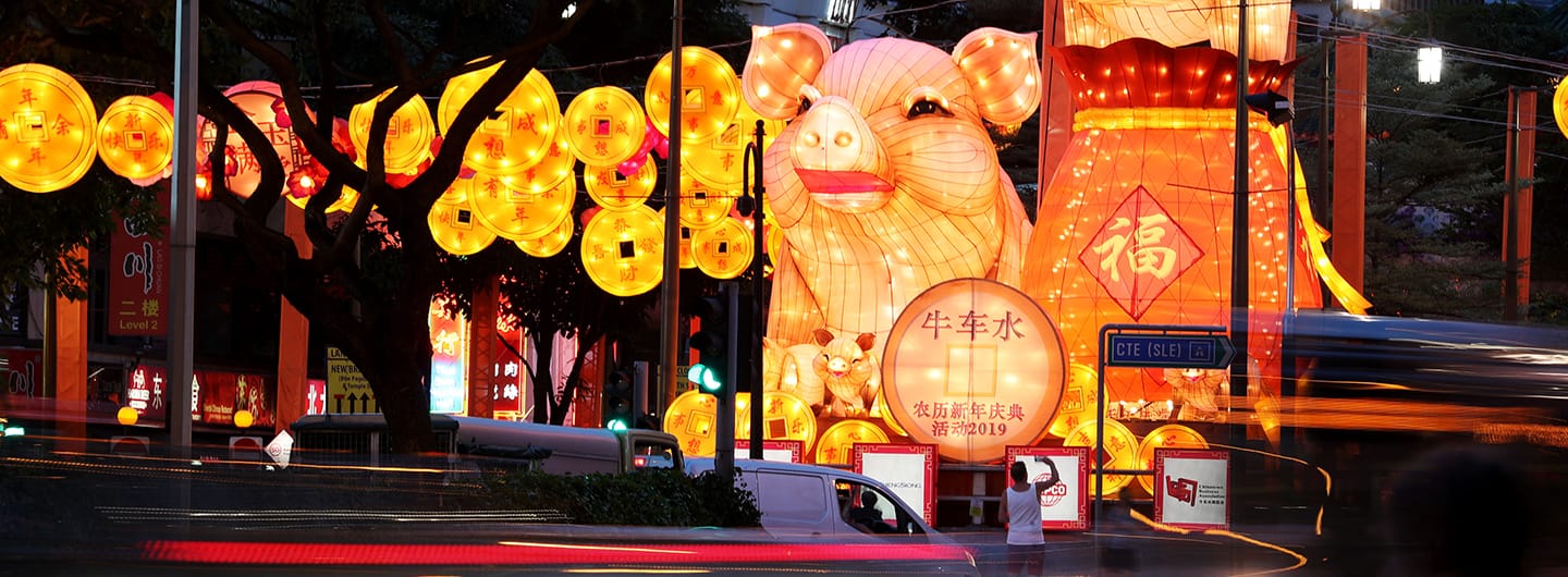 Night scene with illuminated pig and coin lanterns for the Chinese New Year. Traffic streaks across the road.