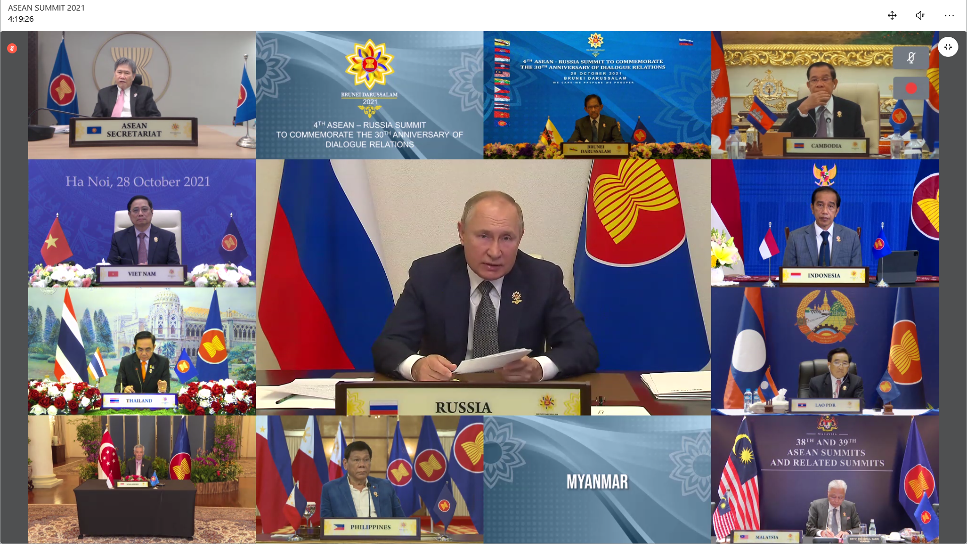 Video call screen showing leaders from ASEAN countries and Russia at a summit.