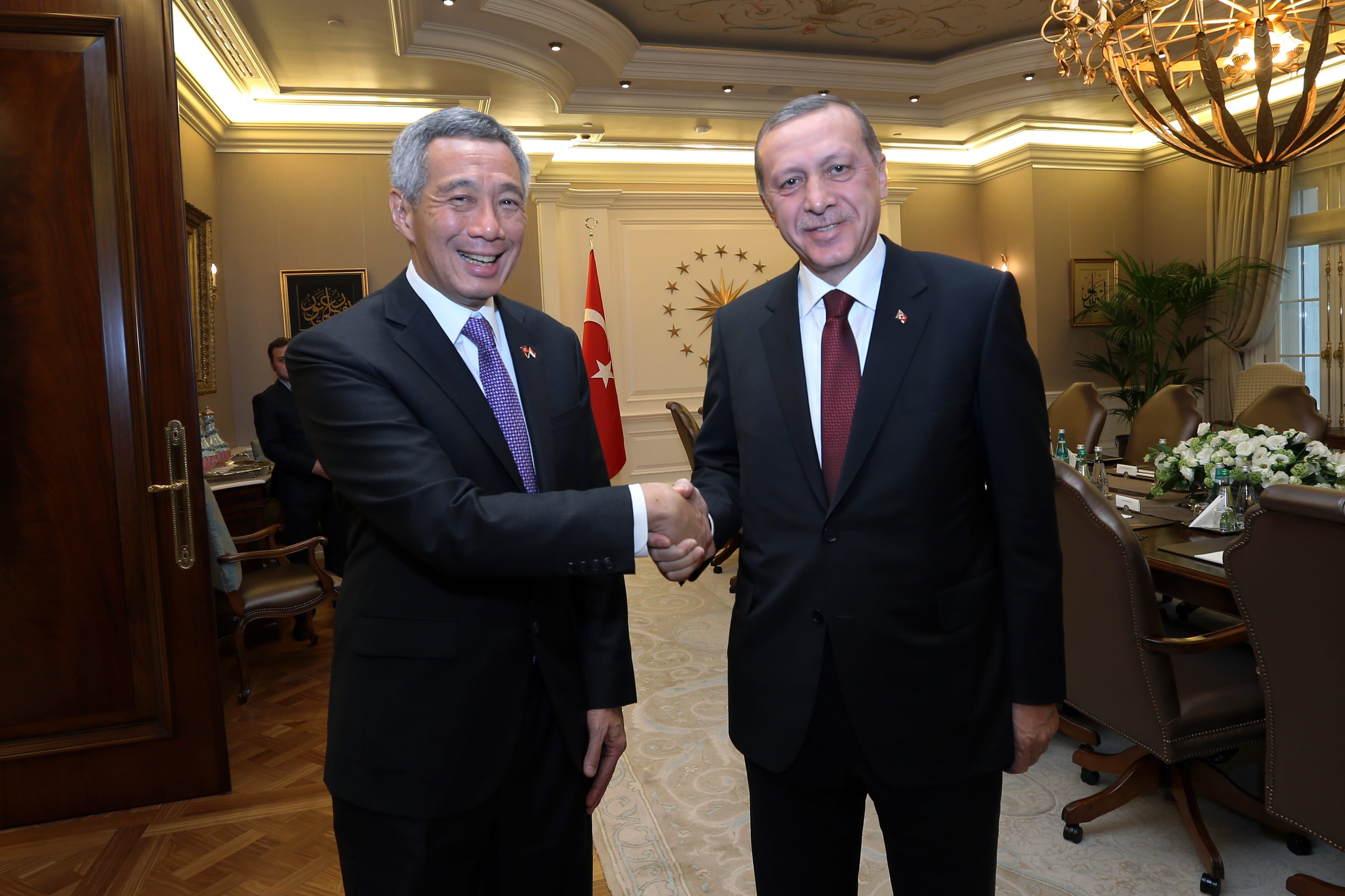 Lee Hsien Loong & Erdoğan in suits shake hands inside a decorated room.