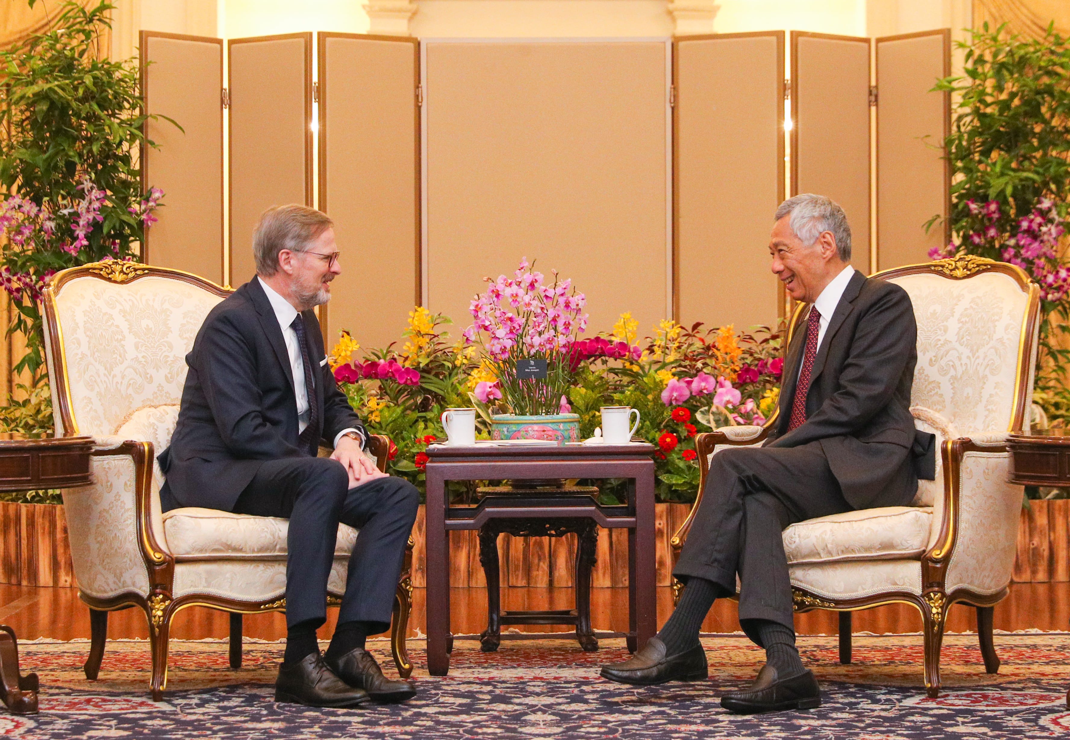 Two men in suits seated facing each other, floral arrangement on table between them.