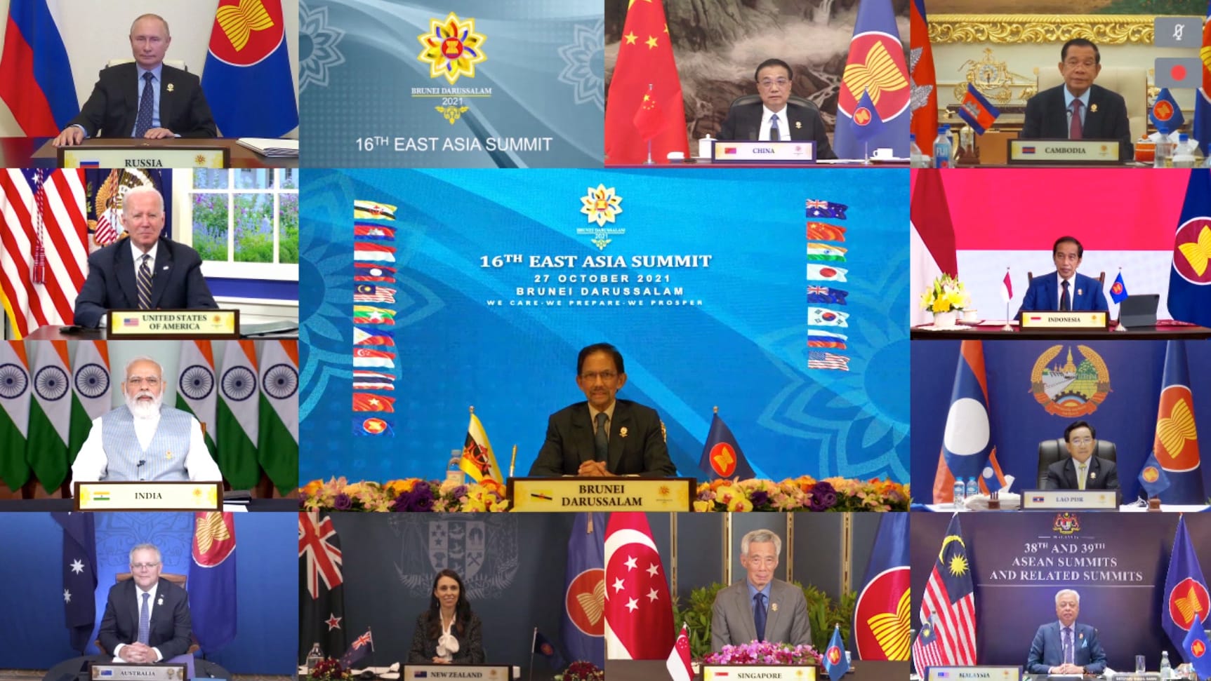Screenshot showing 12 world leaders in a video conference for 16th East Asia Summit.