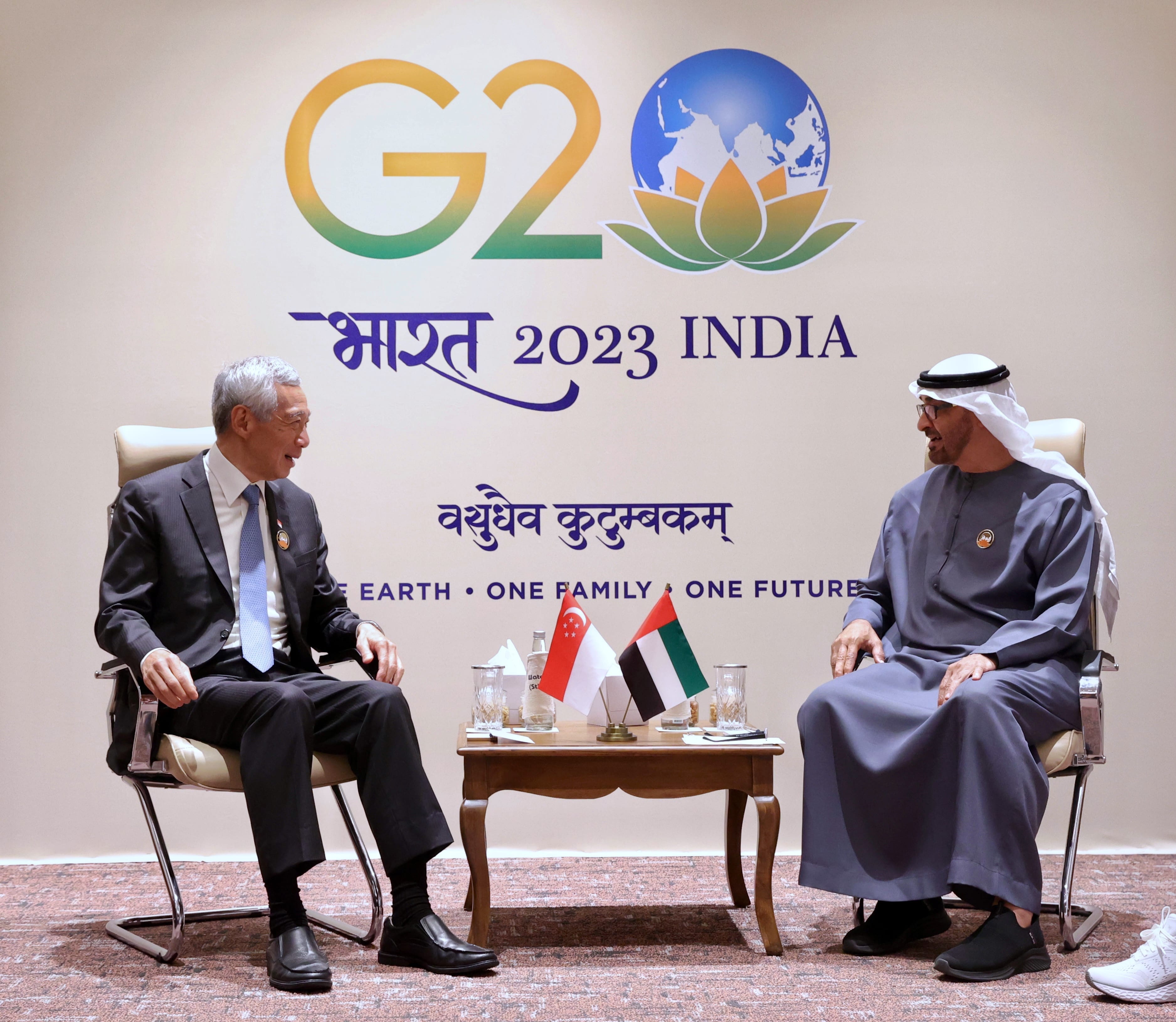Two men in suits sit facing each other beneath a G20 India logo, flags of Singapore and UAE on table.