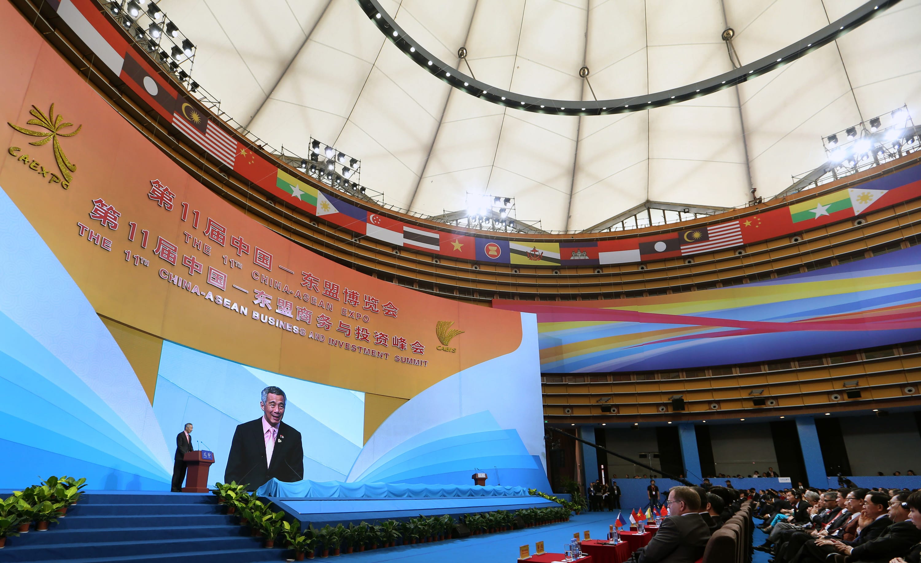 Auditorium stage with CAEXPO banner, country flags, and speaker on screen. Audience seated.