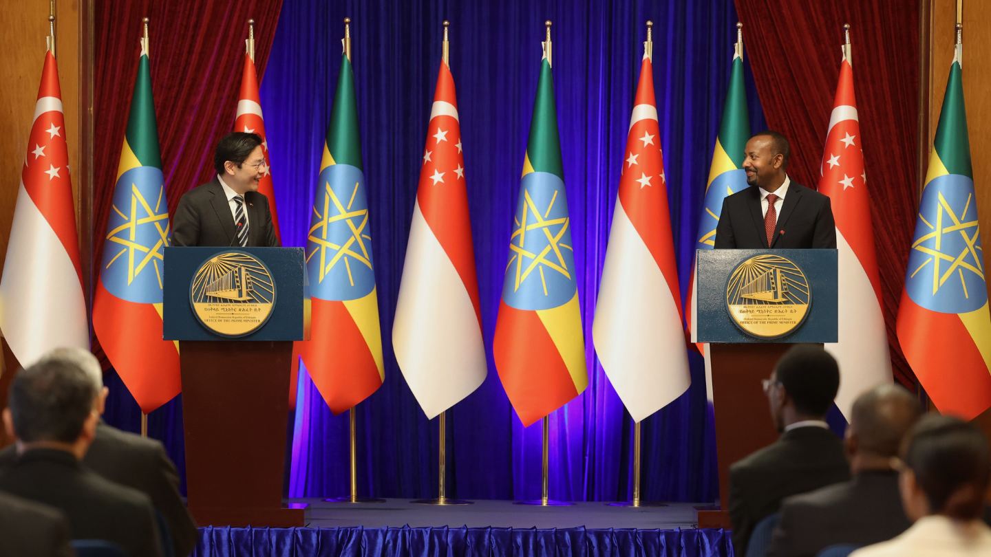 Photo of PM Lawrence Wong and Ethiopia PM Dr Abiy Ahmed Ali from the Joint Press Conference between Singapore and Ethiopia
