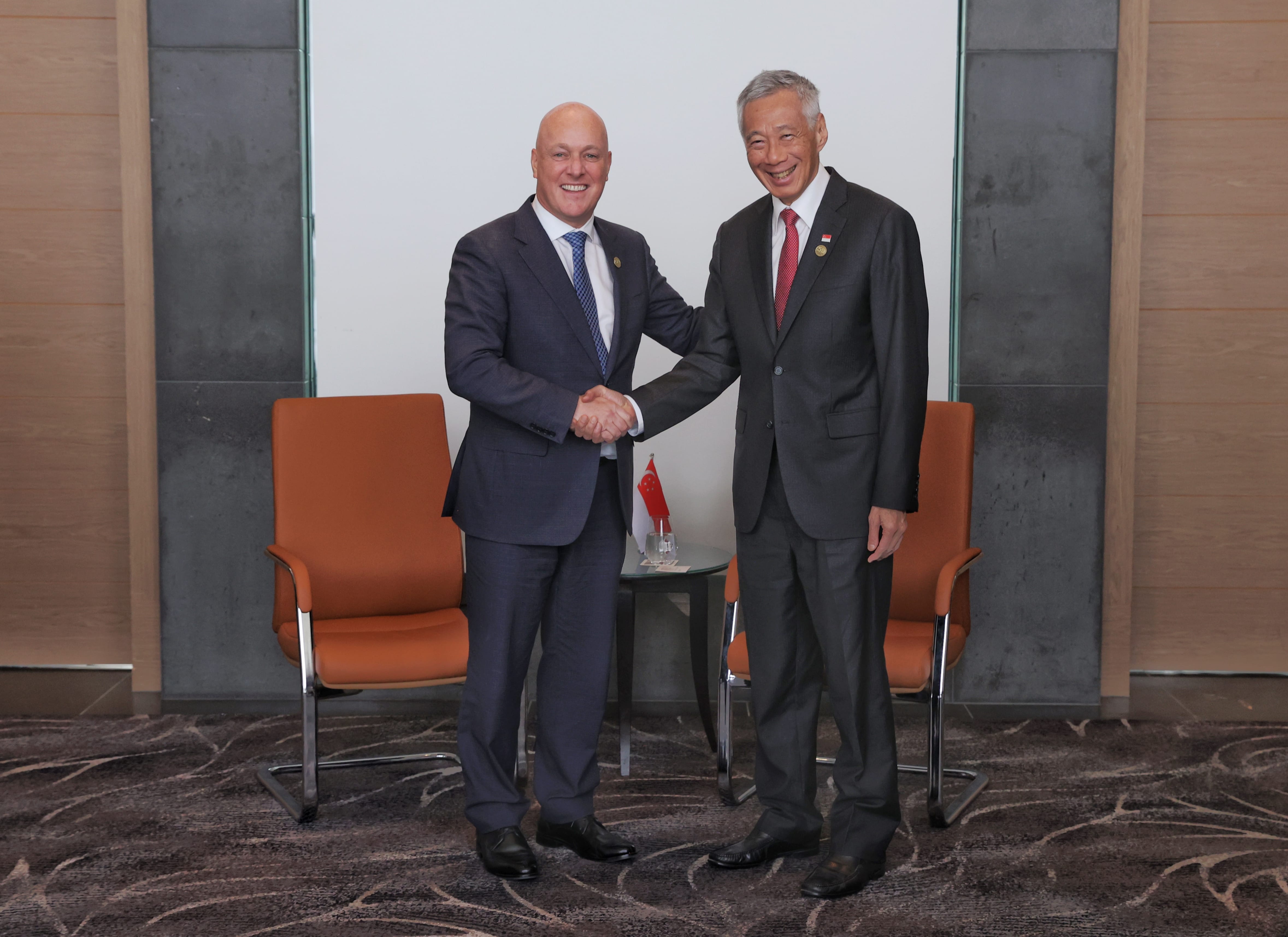 Two men in suits shaking hands indoors. One has a Singapore flag pin.