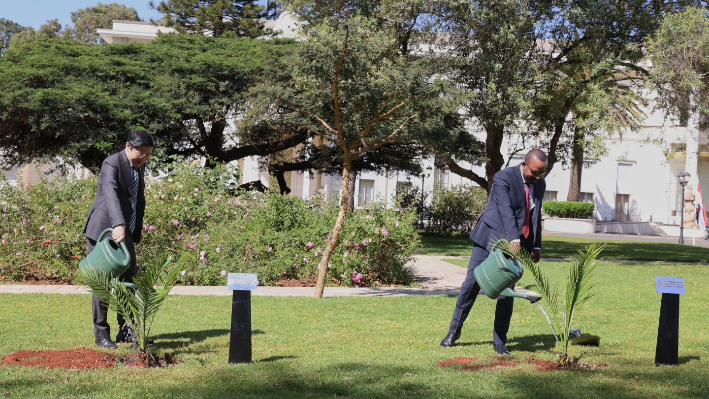 Photo of PM Wong and PM Abiy planting a tree.