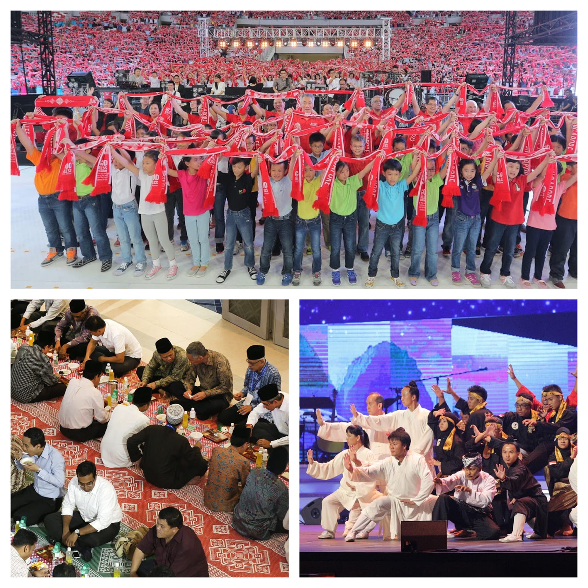 Three-part collage: Crowd with red scarves, people eating on a rug, martial arts performance on stage.