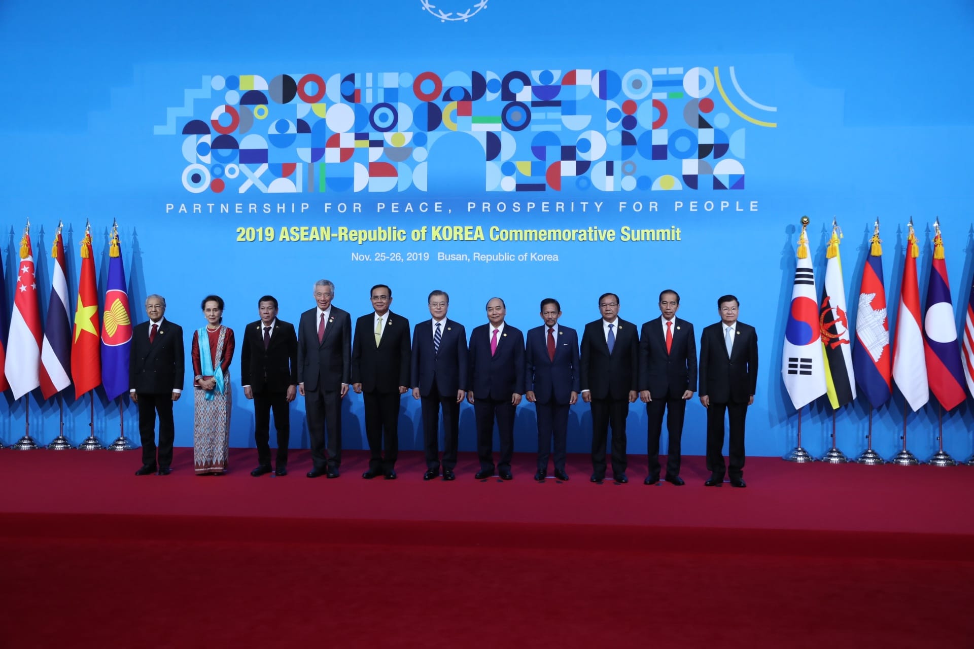 Group of world leaders posing at the 2019 ASEAN-Republic of Korea Commemorative Summit with flags.