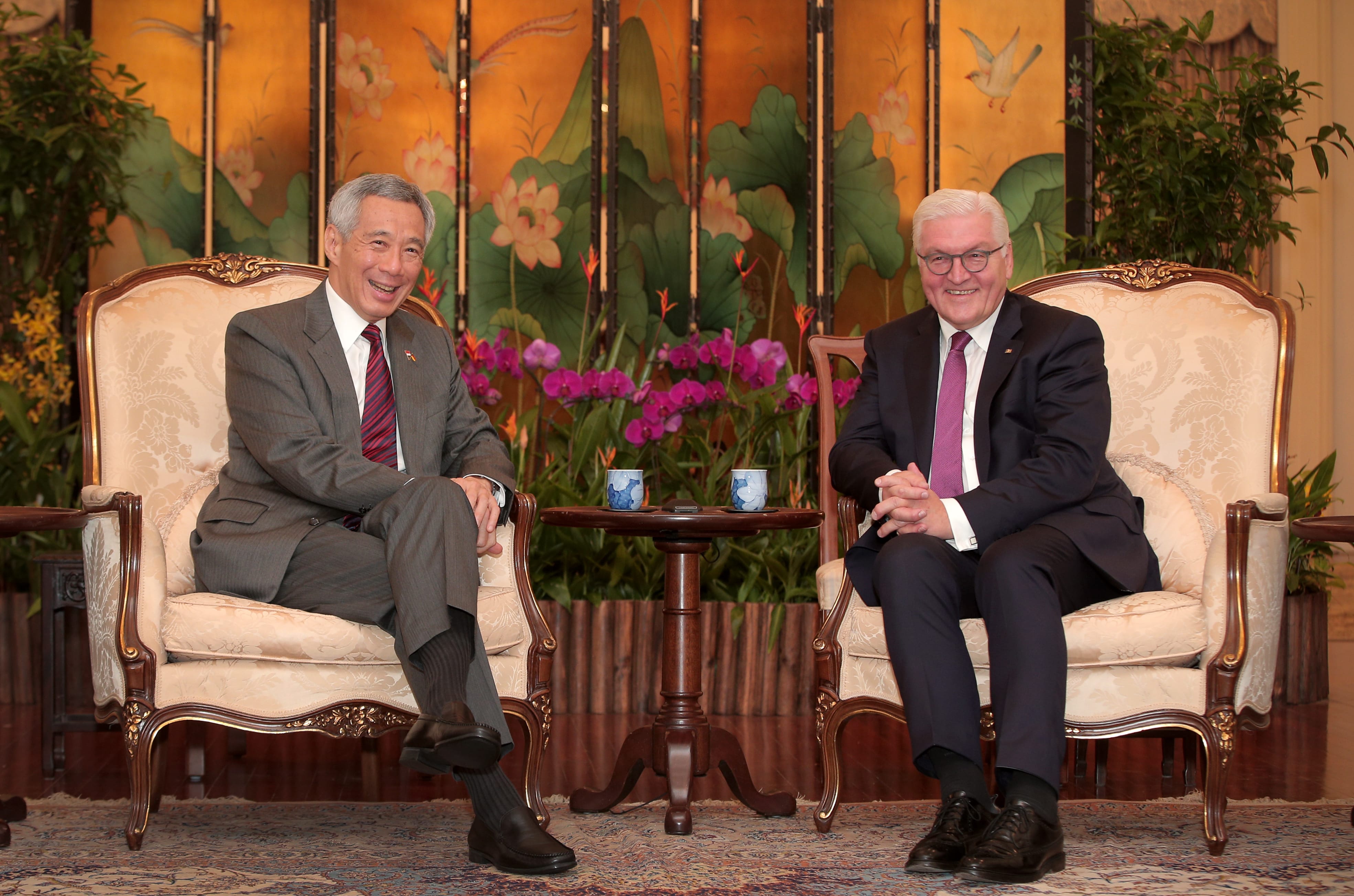 Lee Hsien Loong and Frank-Walter Steinmeier sit in chairs with floral backdrop.