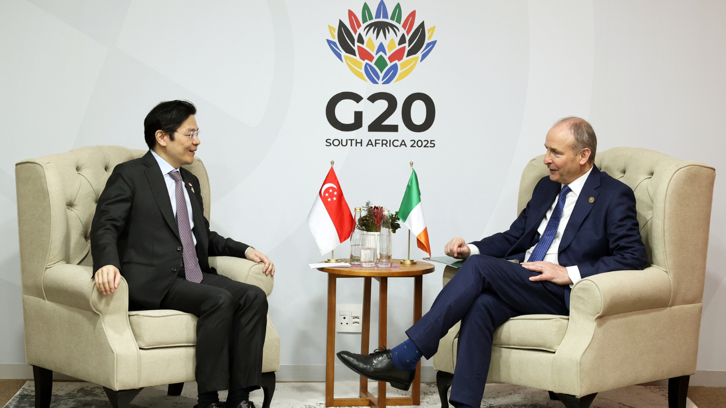 Photo of bilateral call between PM Lawrence Wong and Irish Taoiseach Micheál Martin on the sidelines of the G20 Summit.