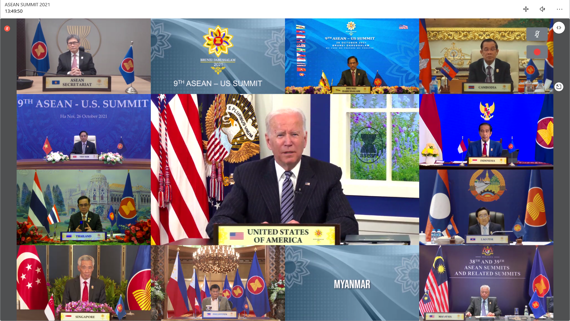 Video conference screen view of the 9th ASEAN-US Summit, featuring President Biden and various country leaders.