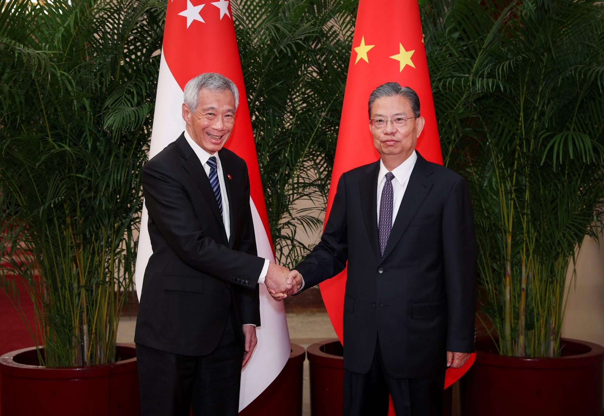 Two men in suits shaking hands before Singapore & China flags, with greenery.
