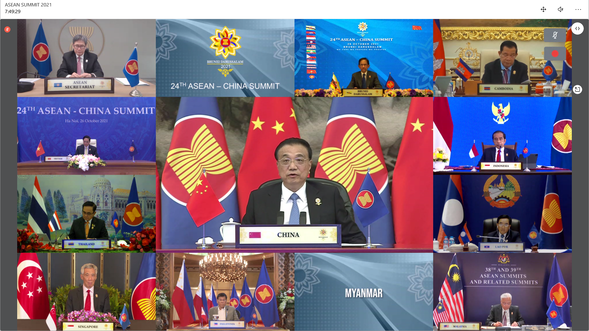 Video call grid showing dignitaries from ASEAN nations and China at a summit.