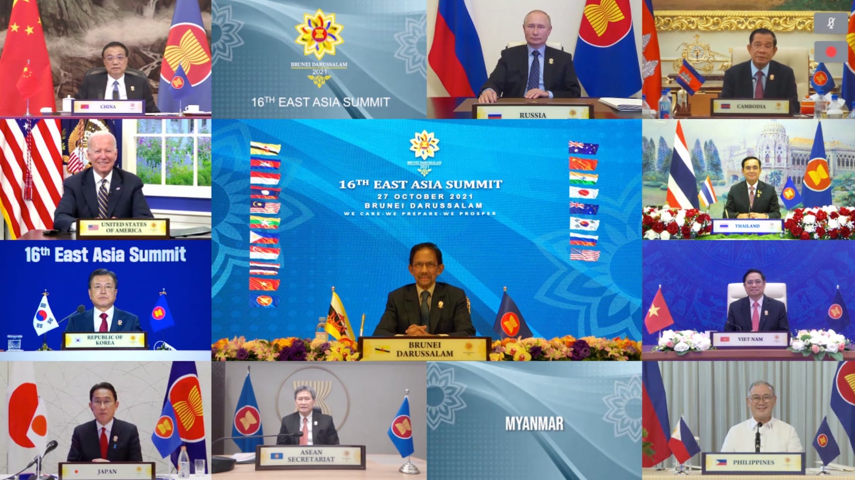 Collage of world leaders on screens for the 16th East Asia Summit.