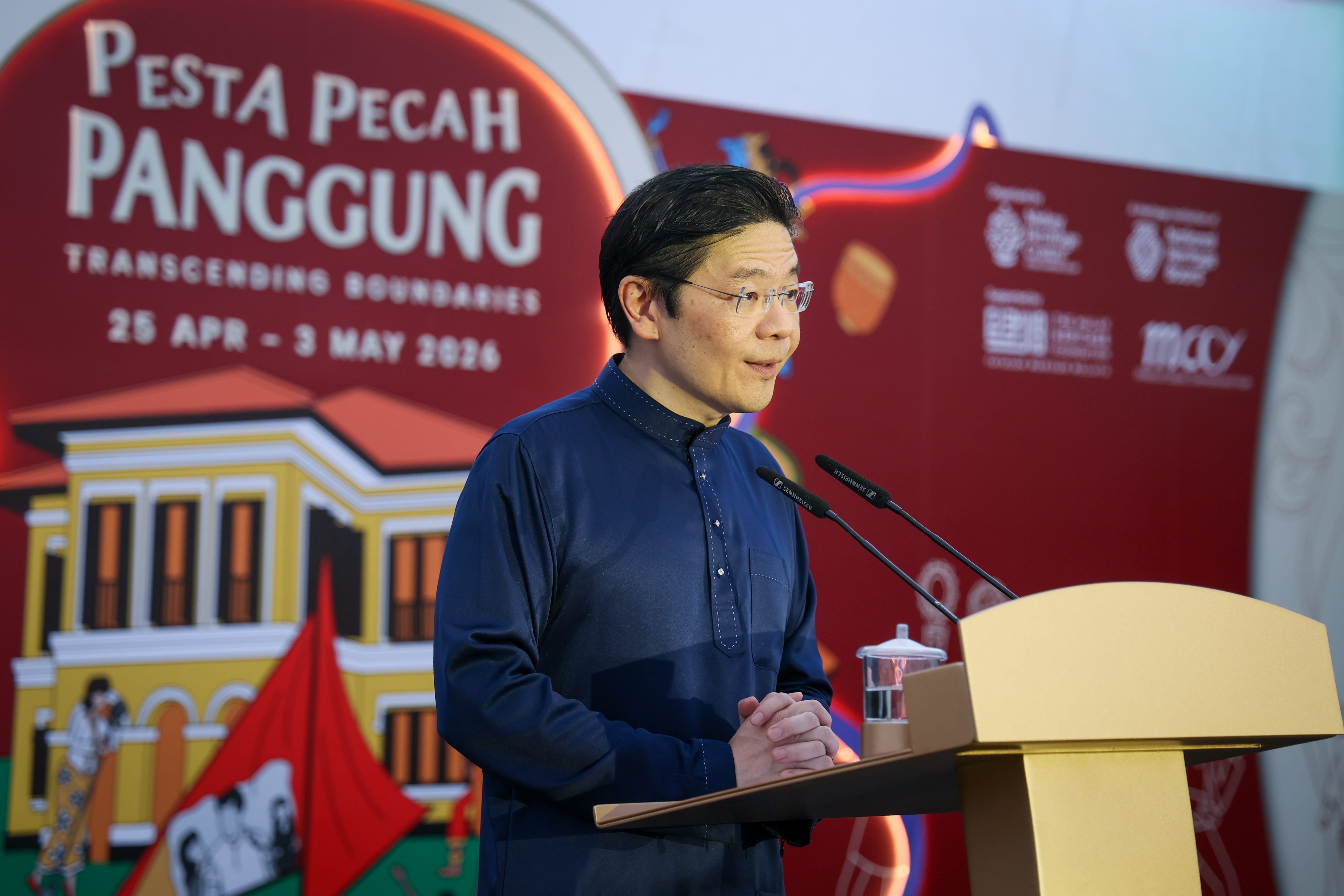 Photo of PM Wong giving his speech at the Malay Heritage Centre's Reopening Festival
