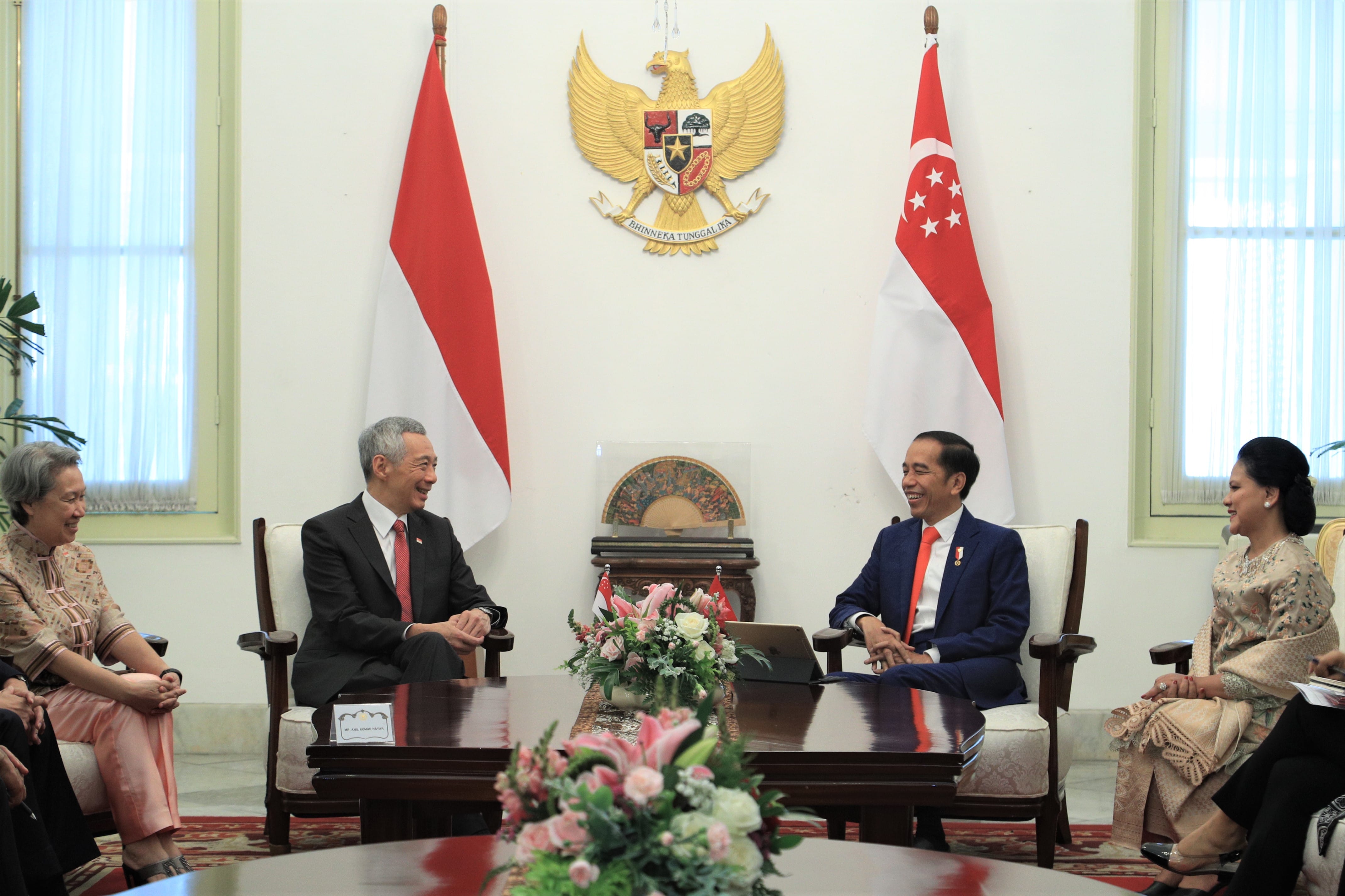 Lee Hsien Loong and Joko Widodo meet, flanked by flags, in formal attire.