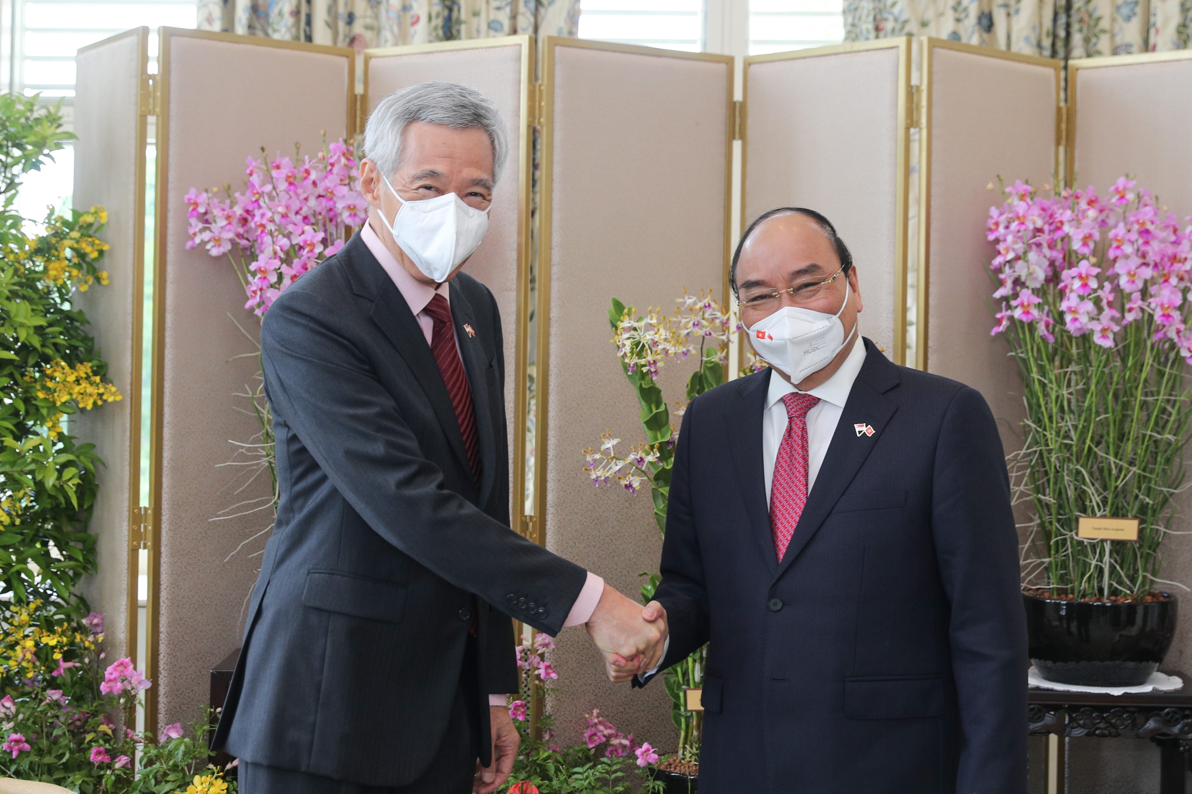 Lee Hsien Loong and Nguyễn Xuân Phúc in suits and face masks shaking hands; plants and screen behind.