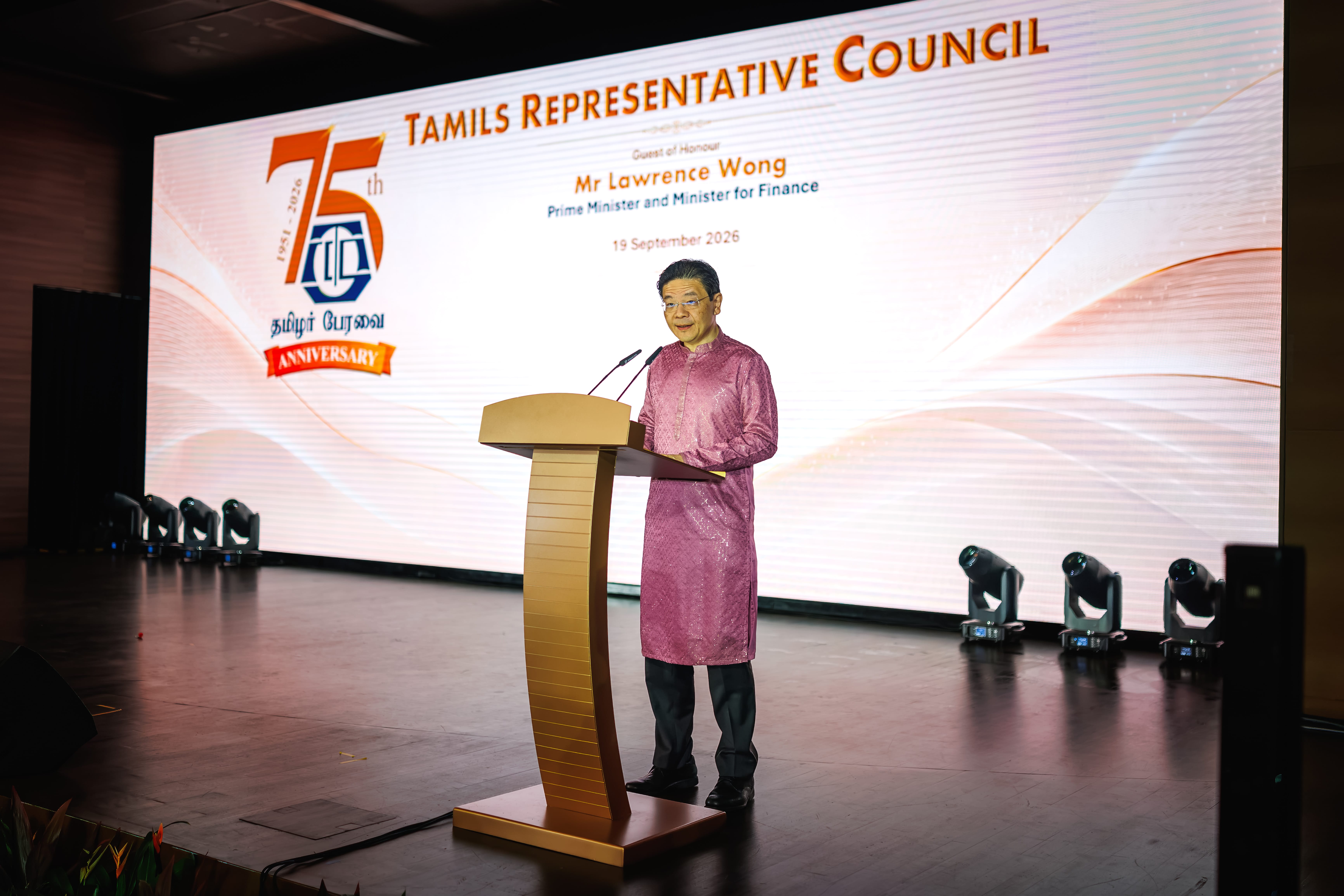 PM Lawrence Wong speaking at the Tamils Representative Council's 75th Anniversary