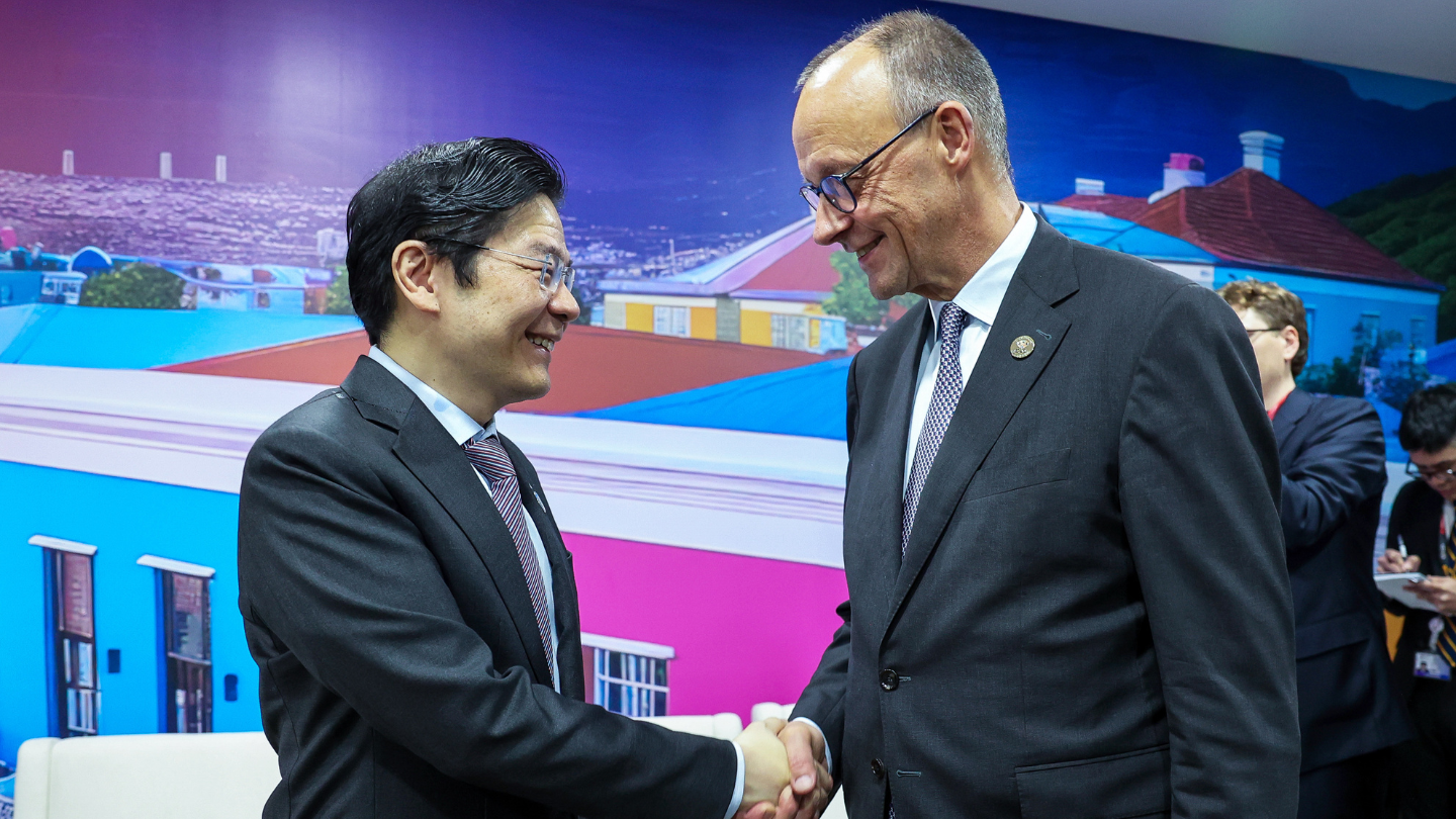 Photo of PM Lawrence Wong with Federal Chancellor of Germany Friedrich Merz on the sidelines of the G20 Summit.