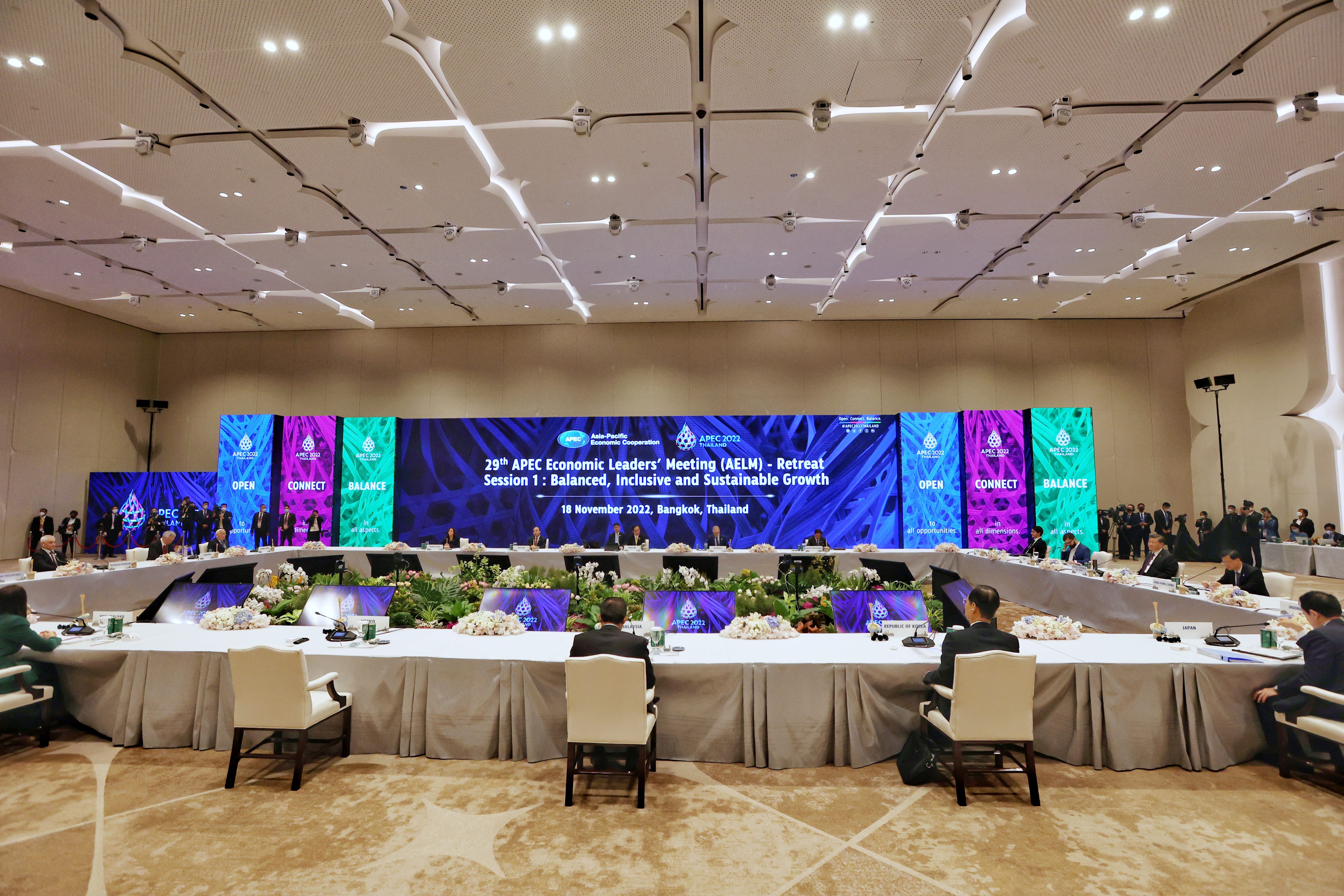 APEC Leaders' Meeting with participants seated at long tables, screens showing logos, and decor flowers.