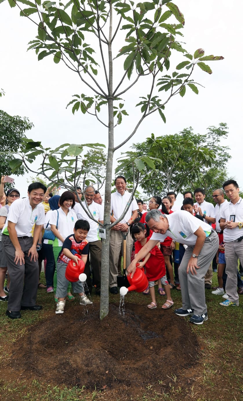 Group of people planting a tree, children using red watering cans, outdoor setting.