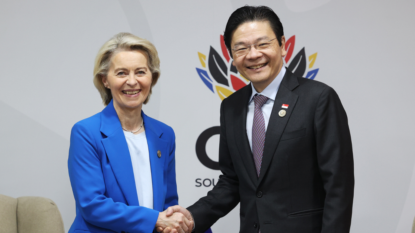 Photo of PM Lawrence Wong shaking hands with President of the European Commission Ursula von der Leyen on the sidelines of the G20 Summit.