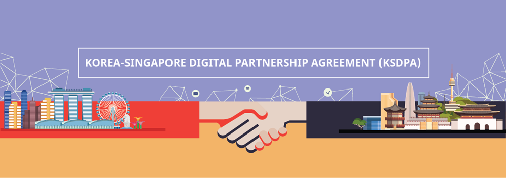 Singapore and Korea landmarks linked by a handshake under KSDPA banner.