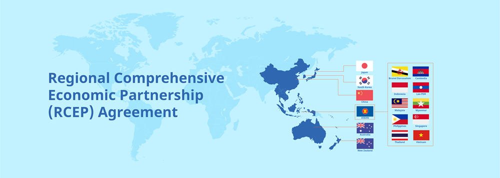 Map showing RCEP countries and flags of 15 member nations in Asia-Pacific