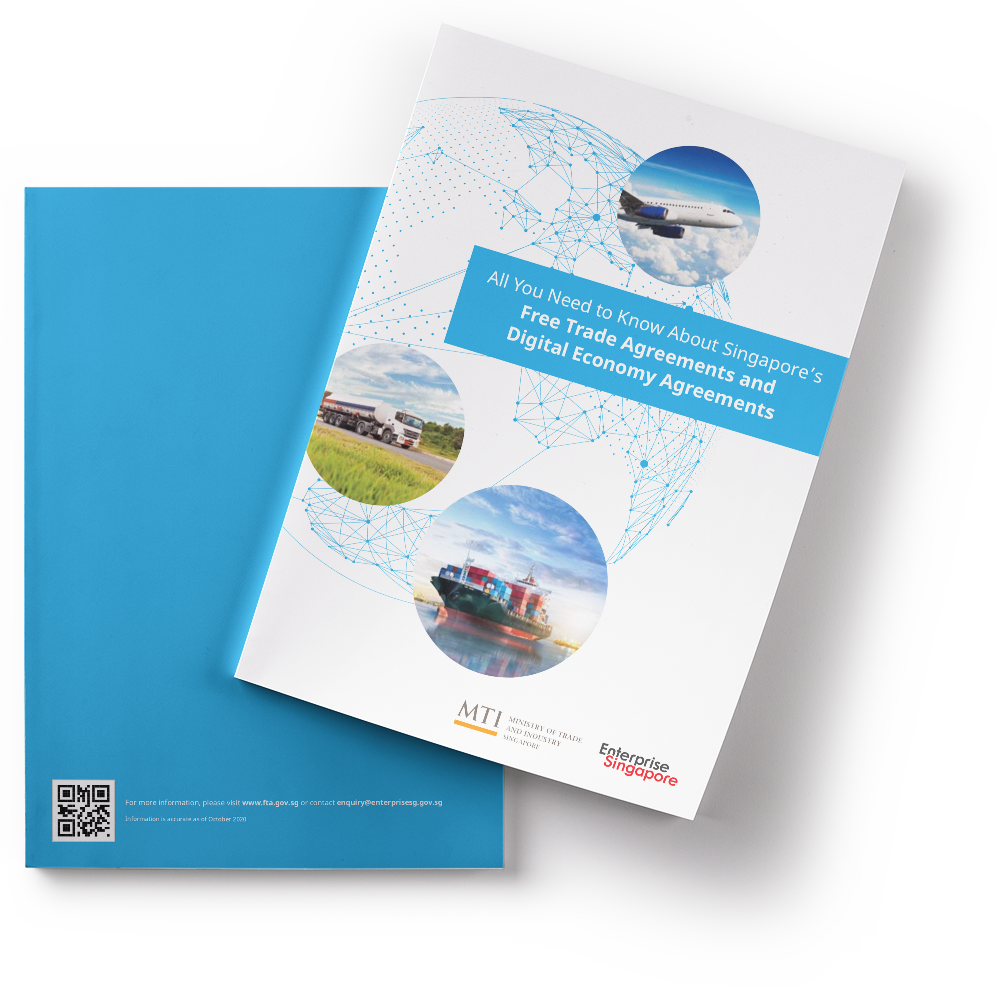 Booklet cover titled All You Need to Know About Singapore’s Free Trade and Digital Economy Agreements.
