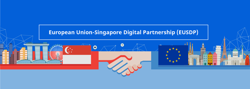 Singapore and EU landmarks connected by a handshake under the EUSDP banner.