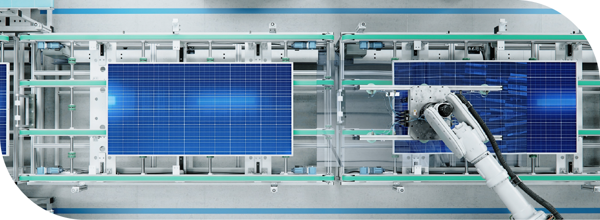 Robotic arm assembling blue solar panels on an automated production line in a clean factory setting.