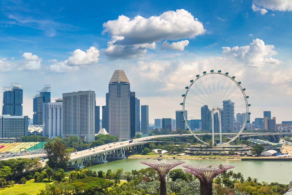 View of Singapore skyline with the Singapore Flyer and Marina Bay in the background.