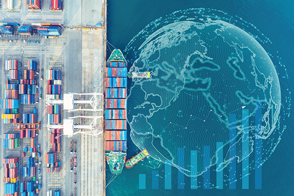 Container port with digital globe overlay symbolising trade and innovation.