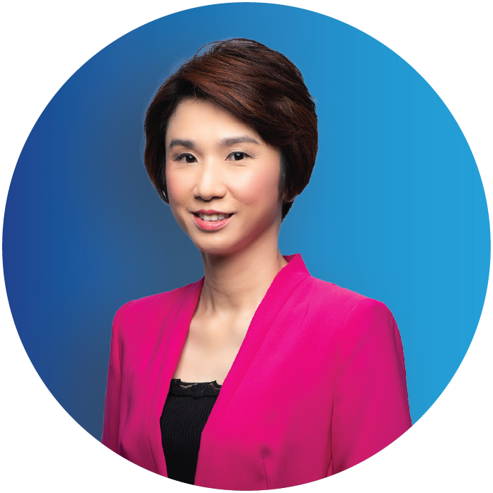 Senior Minister of State for Trade and Industry, Ms Low Yen Ling in pink blazer smiling against a blue circular gradient