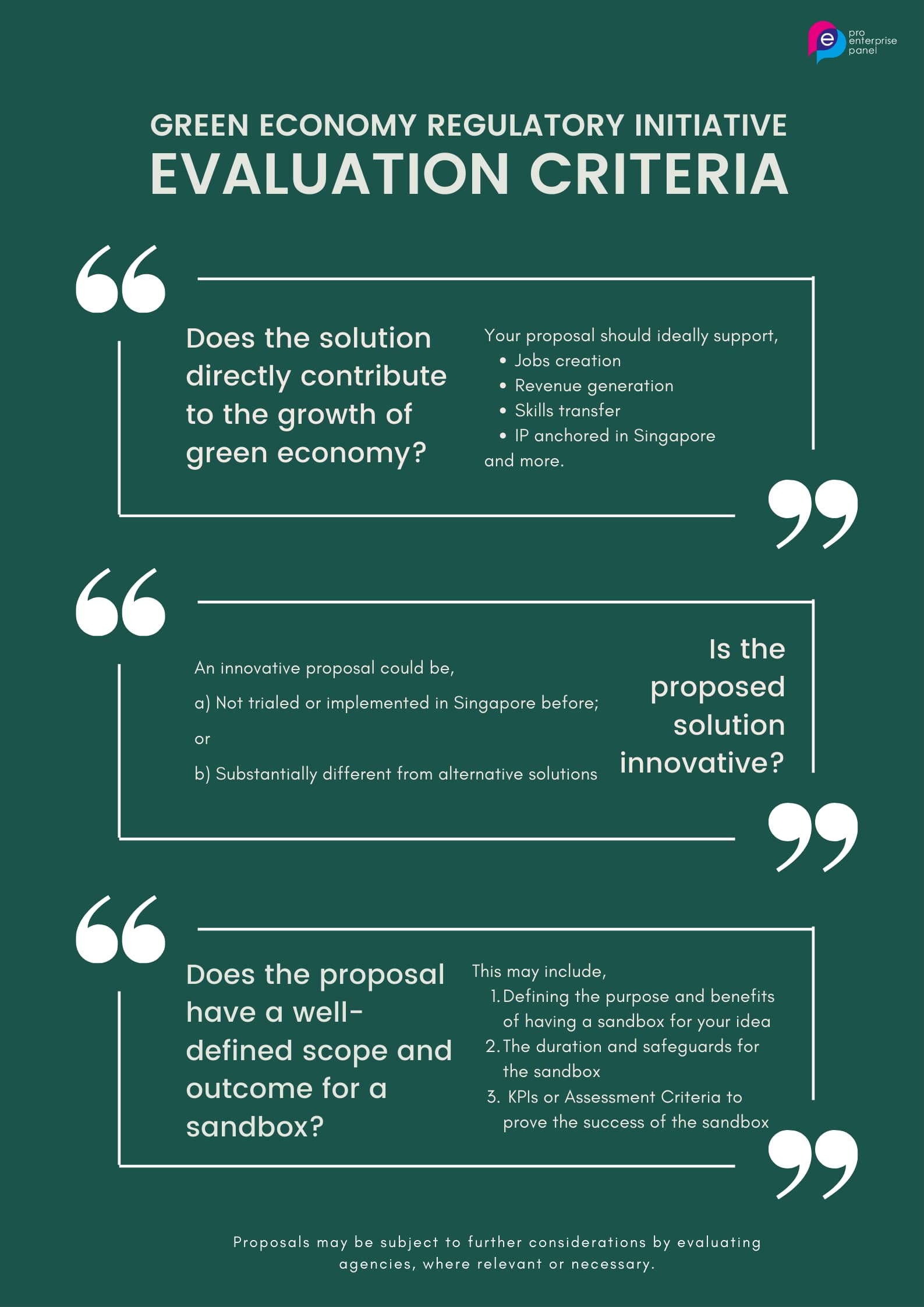 Text graphic titled "Green Economy Regulatory Initiative Evaluation Criteria." List of questions and supporting points