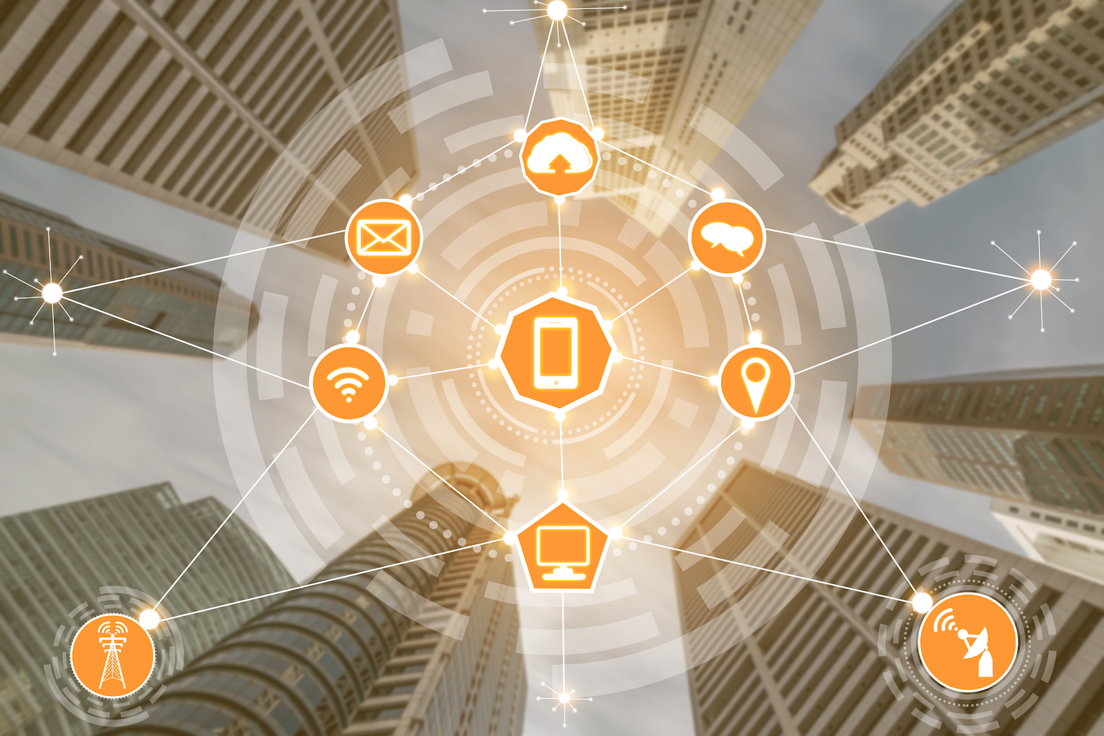 Digital network icons linked over city skyscrapers, symbolizing connected digital economy.